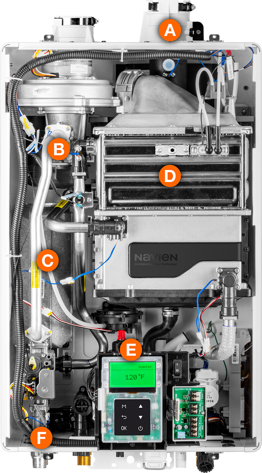 Cutaway diagram of a Navien condensing tankless water heater showing internal components: exhaust vent, gas valve, heat exchanger pipe, stainless steel heat exchanger, control panel, and water connection